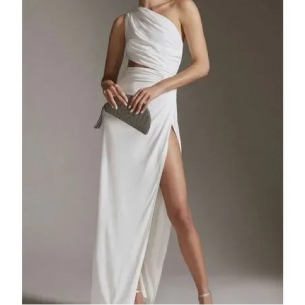 Ronny Kobo Anthropologie Aido XS 0/2 White 1-Shoulder Cutout Jersey Bridal Maxi